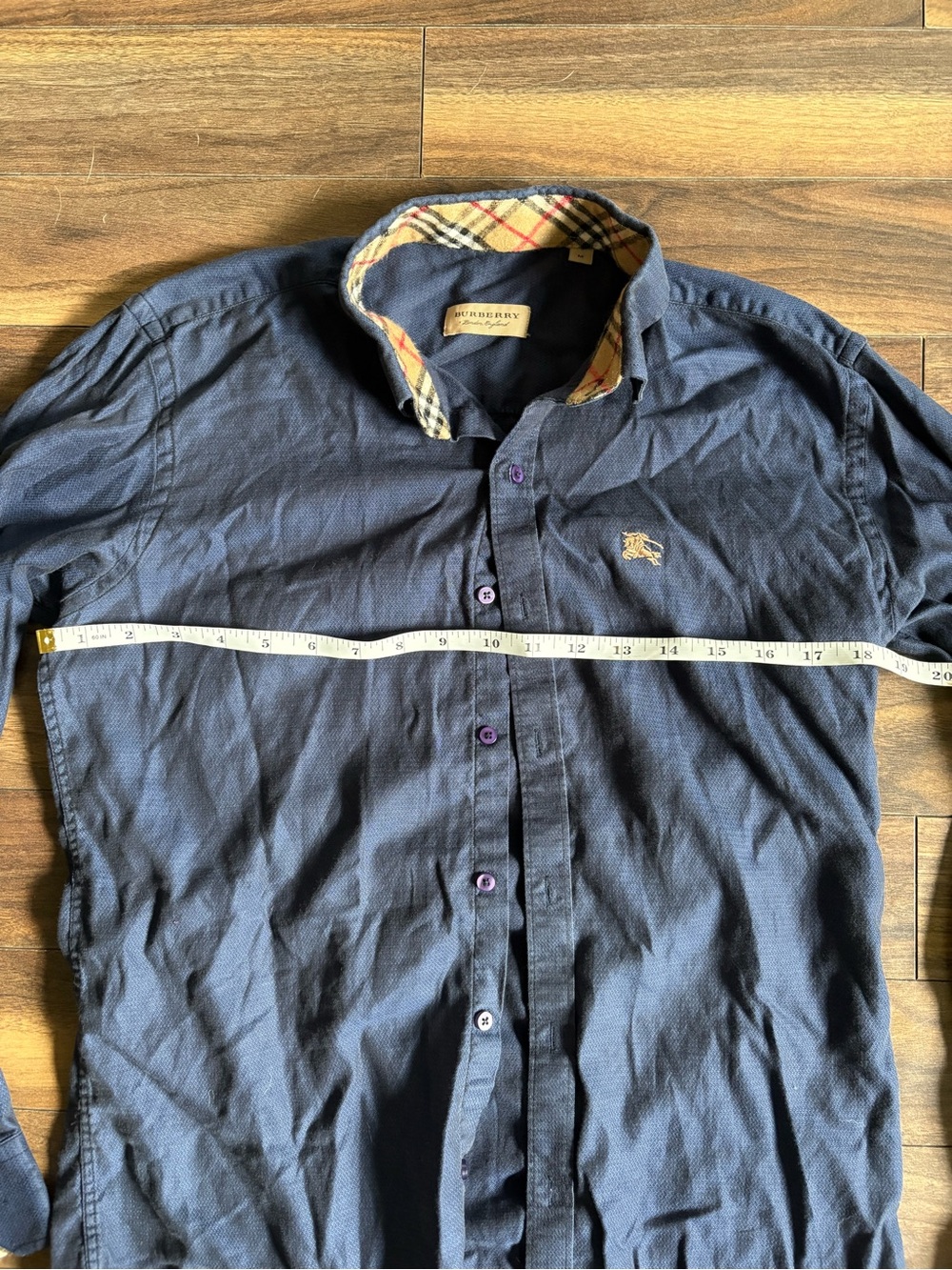 Burberry Navy Long-Sleeve Button-Down Shirt with Plaid Trim - Picture 2 of 6